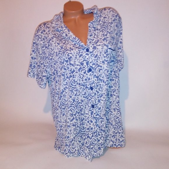 Soma Pajama Top Sleepwear XL Blue White Short Sleeve Geo Button Up Rayon Spandex - Picture 2 of 10